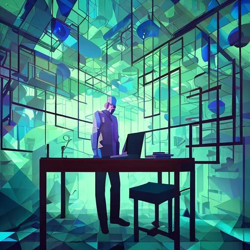 Prompt: The Author stands in front of his desk. On the desk, there any countless geometric shapes. Each seems to glisten and it seems as though there are strange and magical worlds in each shape. Each one is unique. 