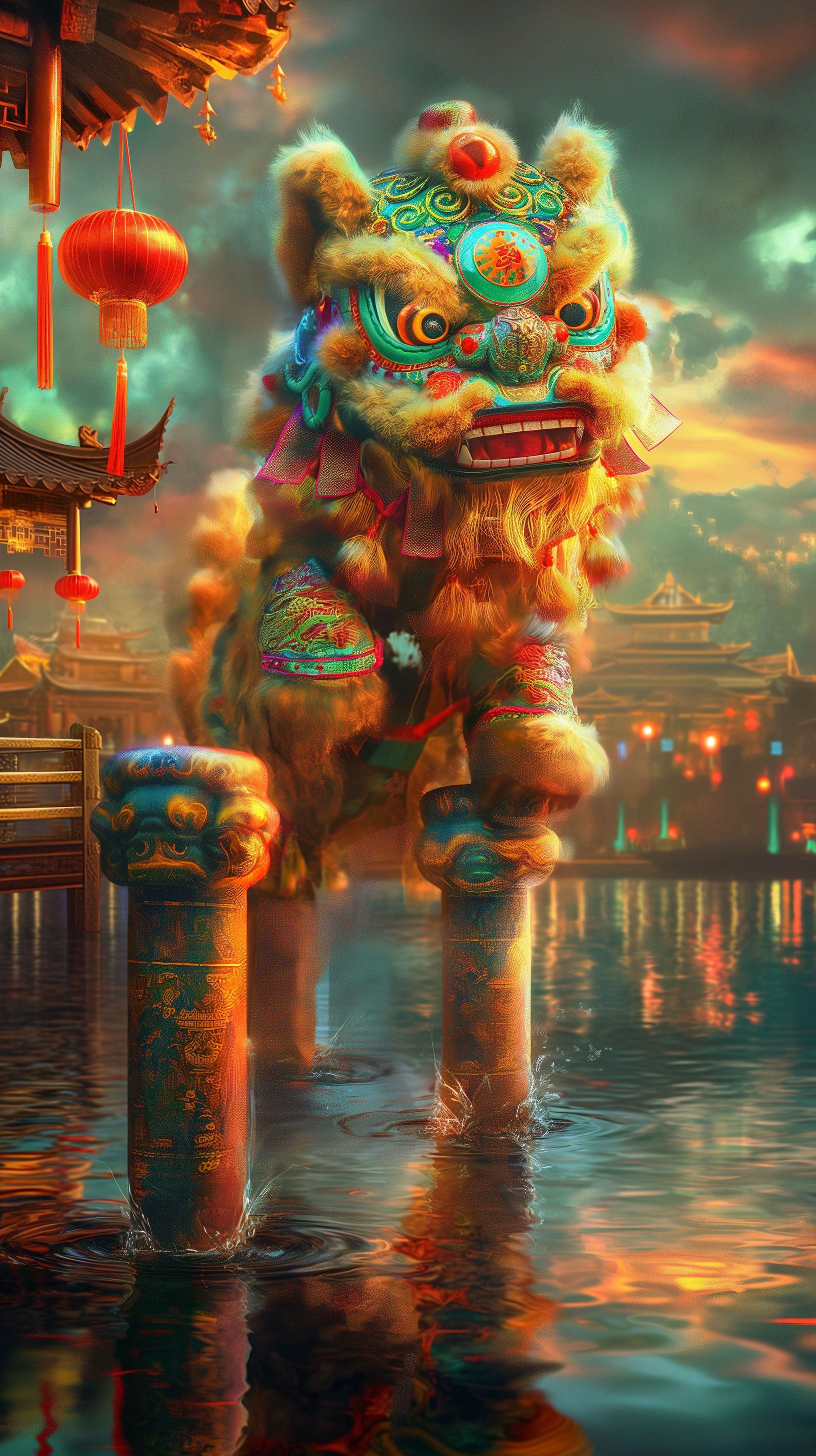 Prompt: realistic chinese lion jumping over poles, fluffy fur, adorable colorful face, bright glowing eyes, perfect reflection in the water under the poles they are standing on, colorful asian city backround, peace --ar 9:16 --v 6.0