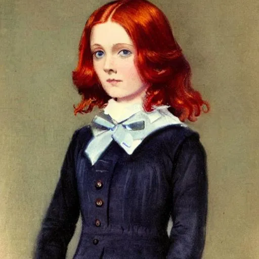 Prompt: Color portrait of a beautiful Victorian girl with red hair and dark blue eyes wearing a dark blue school uniform.