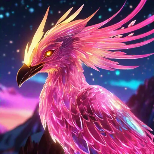 Prompt: Headshot of A crystal-clear glass 
 pink bioluminescent flaming phoenix that is glowing, aurora borealis and fireballs, beneath the stars, sunset, highres, best quality, concept art, 8k