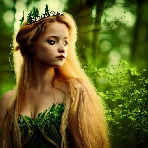 Prompt: flowing hair, close up, magic forest, face, fairy, goddess, princess, magic, cottage, warm lighting, green dress, Tinkerbell
