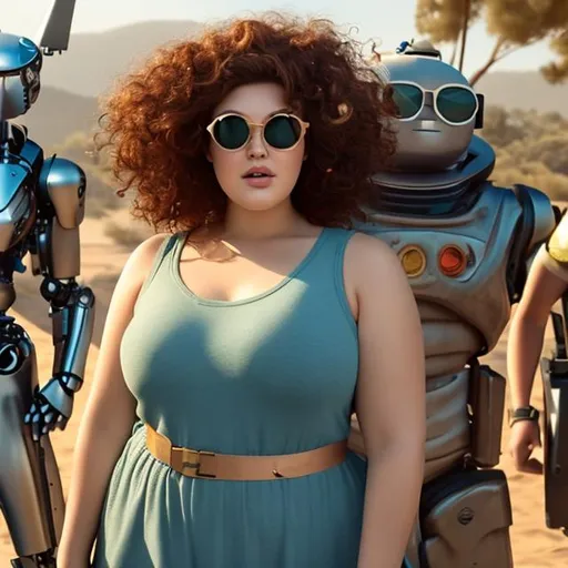 Prompt:  plus-size woman with 3a curly hair and circular shades with robot companions