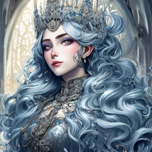 Prompt: Blue and silver haired queen with hyper detailed crown and dress
