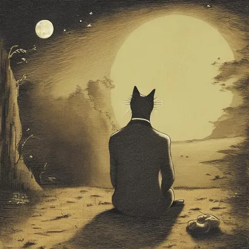 Prompt: a man turns to a cat at moon