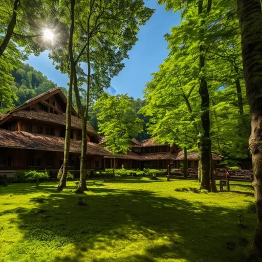 Prompt: Big dark wood big buildings with trail in a lush green forest with beautiful trees, nice daylight, nice weather light blue sky high resolution 4k