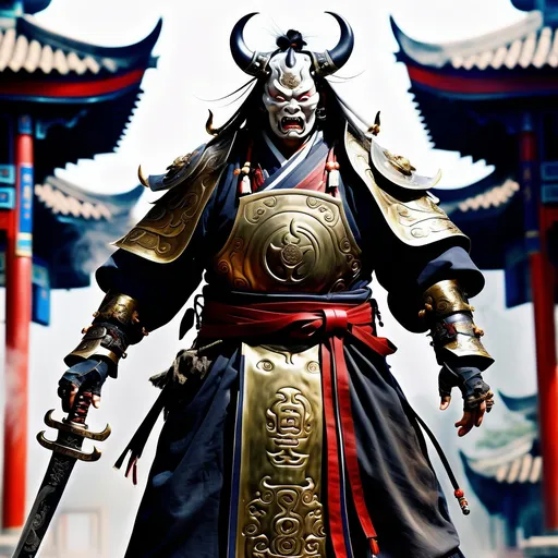 Prompt: "Photorealistic middle-aged Chinese demon hunter in traditional scholar robes modified with Victorian elements, armored shoulders with brass fittings, ancient sword with mechanical components, fierce expression with supernatural markings, scrolls with occult seals at waist, misty temple background with steam vents --ar 3:4 --s 1000"