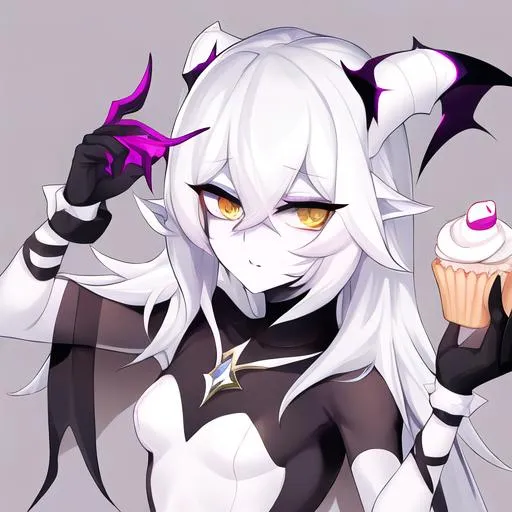 Prompt: Your OC is a small-framed nightmare oryx, with warm white eyes. They identify as demigirl, and have a gravelly voice. As an accessory, they have gloves, and they can be seen holding a cupcake.