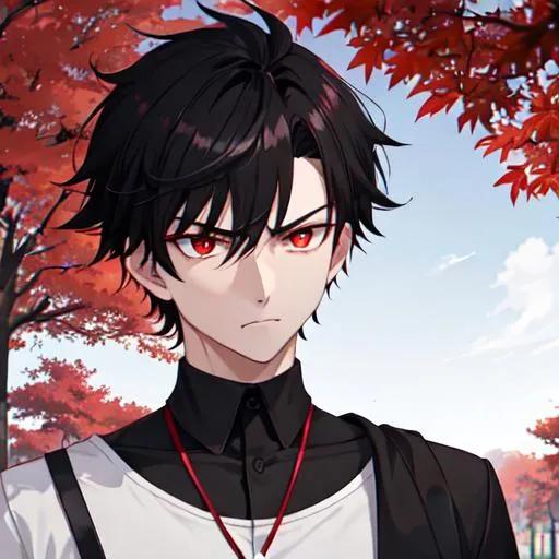 Prompt: Damien (male, short black hair, red eyes) in the park at night, casual outfit, dark out, nighttime, midnight, angry, stern look on his face