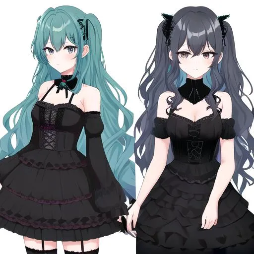 Prompt: Chikafusa 1male. Teal hair; Wavy with long strands down the shoulders that is Curly medium in the back. Black eyes. Wearing a Gothic-style Lolita outfit featuring a black lace-trimmed dress with a fitted bodice and a voluminous skirt. The dress is adorned with intricate lace patterns, bows, and ribbons. Completing the look are knee-high socks or stockings, platform shoes, and accessories such as a wide-brimmed hat, choker, and lace gloves. The overall aesthetic is dark, elegant, and Victorian-inspired.Anime style, UHD, masculine