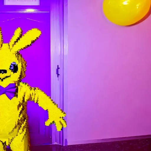 Prompt: yellow rabbit costume with a purple bowtie pixelated fnaf
inside is a purple man bleeding