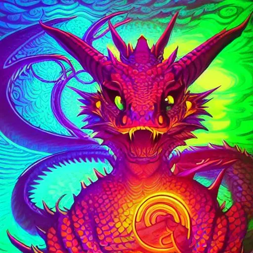 Prompt: Hypnotic illustration of a Dragon avatar, hypnotic psychedelic art by Dan Mumford, pop surrealism, dark glow neon paint, mystical, Behance, deadly, colorful