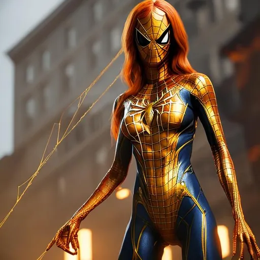 Prompt: Hghly detailed Mary janne with longest red hair unreal engine 5 Wearing a golden spider man suit and fighting a war