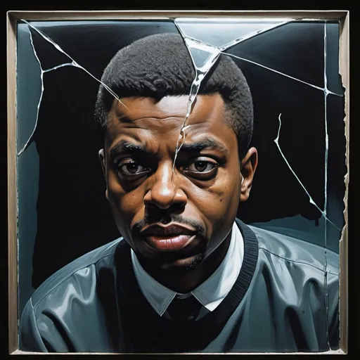 Prompt: black male, scandinavian noir, figurative, human figure, abstract, existentialism, francis bacon, uncomfortable, broken glass