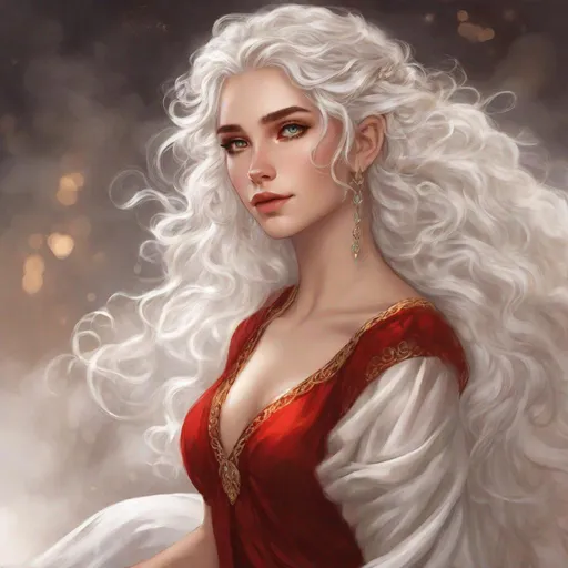 Prompt:  A beautiful white elf young woman. hair becomes a cloud of gold-shot downy brown that surrounds her face with graceful curls. She wears a rich but practical red gown with the silver lion as a decoration at hem and throat. Changeling the dreaming art. Rpg art. 2d art. 2d.