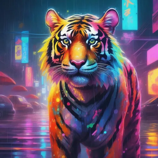 Prompt: A colourful and beautiful tiger in the rain in a bright and neon cyberpunk world in a painted impressionistic style