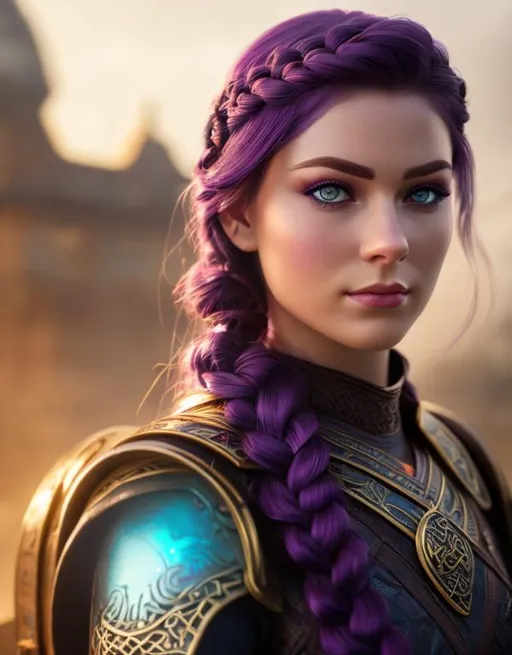 Prompt: she has dark purple hair, one braid in hair, create most beautiful fictional female viking princess warrior, dark purple hair, light blue eyes, extremely detailed environment, detailed background, intricate, detailed skin, professionally color graded, photorealism, 8k, moody lighting