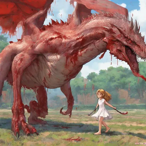 Prompt: barefoot 11 year old girl, dress,  carrying bloody sword, standing under dragon, slaying completely destroyed and defeated dragon, cutting and stabbing soft, big bleeding red belly of standing european dragon rearing up. large wounds on dragons stomach. dragon belly and underbelly are bleeding a lot, many lances in underbelly, much blood on dragons belly, large wounds on dragons stomach, dragons underside red from blood, gaping wounds everywhere, swordhandles on dragons underbelly