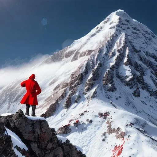 Prompt: A Snowy Mountain and a man wearing a red coat falling off of the peak of the mountain.
