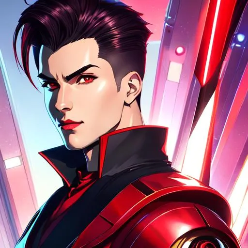 Prompt: digital art style, comic art style, anime style, full body view, male character, sharp jawline, classy fashion, cyborg vampire jedi, metal implants, male, undercut, ruby red eyes, slight smile, curled lips, by greg rutkowski and alphonse mucha, sharp focus, Photorealistic, sharp focus, highres, noir stylings