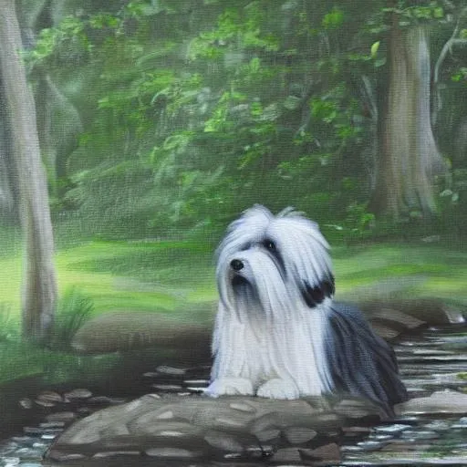 Prompt: Grey and white Old English sheepdog sitting by a river in a lush forest, gentle lighting, very detailed, oil painting.