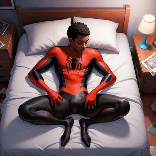 Prompt: Generate a semi-realistic Cartoon of Miles Morales laying asleep on his bed on his stomach, wearing only a jockstrap and his lightly hairy legs, showing his messy room blending elements of realism with a cartoon aesthetic.