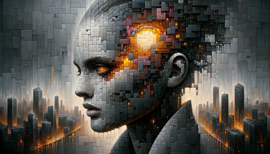 Prompt: An irrational woman with a digital head, in the style of futuristic cyberpunk, dark gray and amber, soft-focus portraits, puzzle-like elements, city portraits, UHD image, oil portraitures in wide ratio.