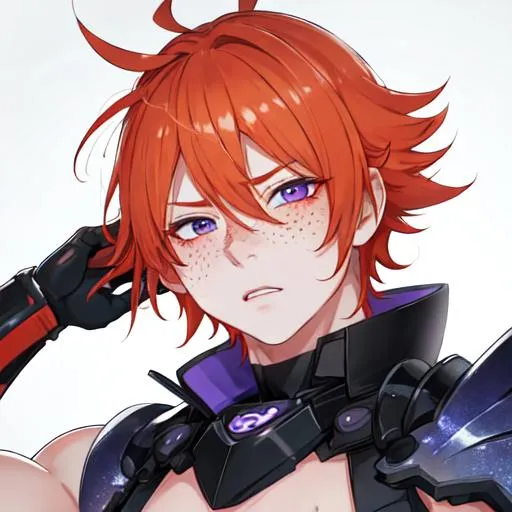 Prompt: Erikku male (short ginger hair, freckles, right eye blue left eye purple) muscular, UHD, 8K, Highly detailed, insane detail, best quality, high quality, blushing
