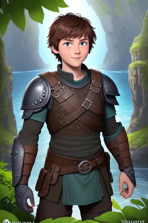 Prompt: Digital art, ((bright colors)) (((DreamShaper Version 1))), Berk of How to Train Your Dragon, a 21-year-old viking man, subtle smile, round head, round face, short dark brown hair, brown hair, muscular, vibrant village, lots of sunlight, green gear, silver armor, light green eyes, Tidal Class seal on chest armor, unreal engine 8k octane