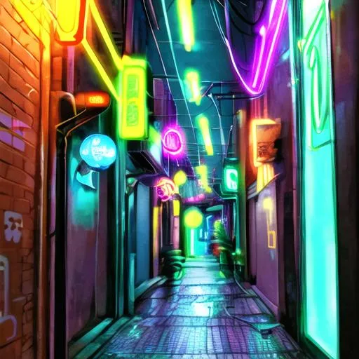 Prompt: neon alleyway with lots of lights