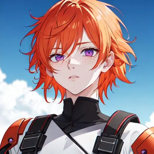 Prompt: Erikku male adult (short ginger hair, freckles, right eye blue left eye purple)  UHD, 8K, insane detail anime style, looking to the side