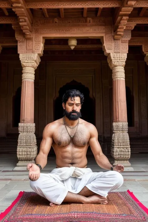 Prompt: portrait of "tall lean "hyperreal rugged muscular hypermasculine brahmin" charming delhi prince", closed eyes, sitting meditating, dhoti, in the middle of a "mammoth temple, detailed, hyperreal", "blissful" goodlooking, with black hair and with rugged face, very hairy chest and armpits,People in the crowd are hypnotised at the man, arena, perfect composition, hyperrealistic, super detailed, 8k, high quality, trending art, trending on artstation, sharp focus, studio photo, intricate details, highly detailed, by greg rutkowski
