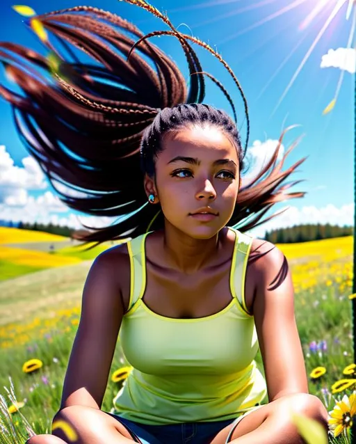 Prompt: A girl sitting in a meadow with wind blowing through her hair.