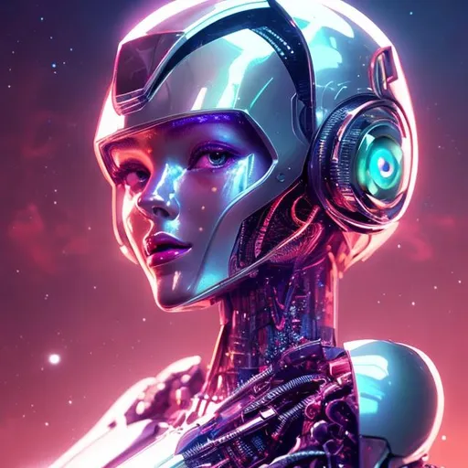 Prompt: a beautiful robot red head woman, feminine look, retro like, octane rendered 4k, hyperrealism, highly detailed, futuristic look, cinema 4k, lots of details, blue and purple background with stars, epic look, hajime sorayama, portrait