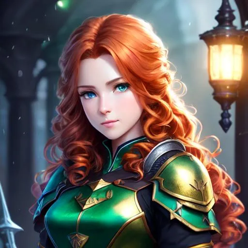 Prompt: oil painting, fantasy, UHD, hd , 8k,Detailed character portrait, highly detailed, cinematic lighting, digital painting, concept art, sharp focus, full character view, illustration, very detailed, detailed face, female human, light ginger hair, green eyes, normal human, light curly hair. Light blue crop top, 13 years old, long hair.