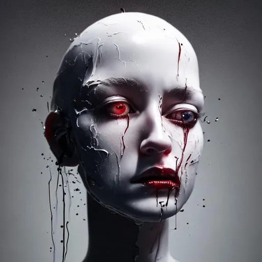 Prompt: exploded android, in the style of Gottfried Helnwein, extremely cinematic,details, details lips, details hair, looking at viewer, shadow, Light reflection on the skin, wet skin, Masterpiece, skinny, natural lighting realistic,