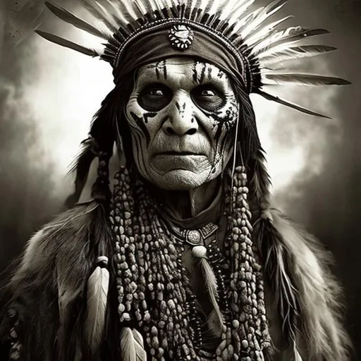 Prompt: Old picture of Indian pawnee

 chief  spirit zombie curserealistic 
