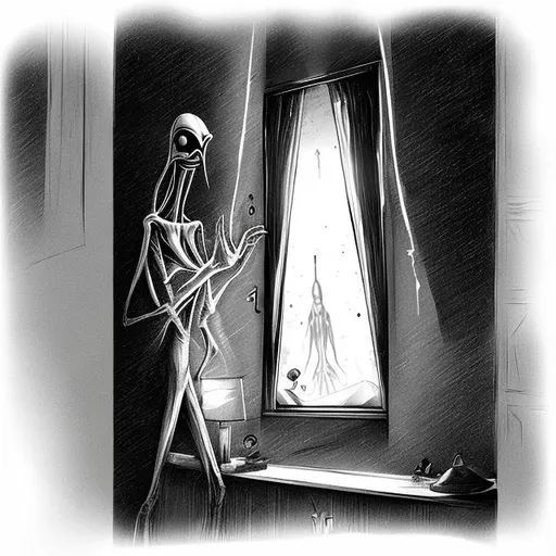 Prompt: Very tall, alien peeking in bedroom window, black and white sketch