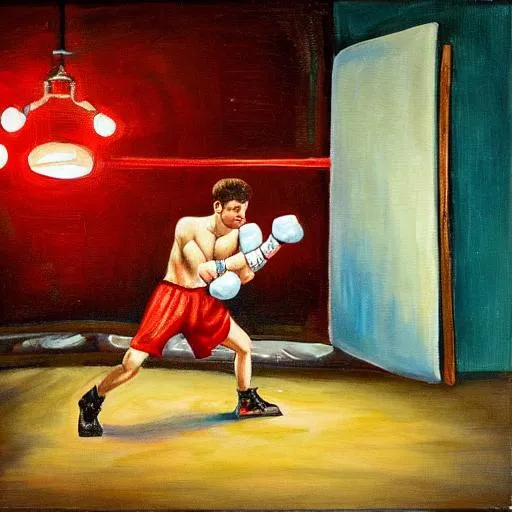 Prompt: A painting of a Boxer shadowboxing in a dimly lit dressing room with bulb swinging 