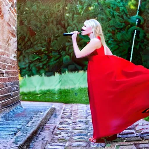 Prompt: A beautiful, young, thin blonde woman is singing into a vintage microphone. She is wearing a red gown. Face forward. Centered shot. photo realism.
