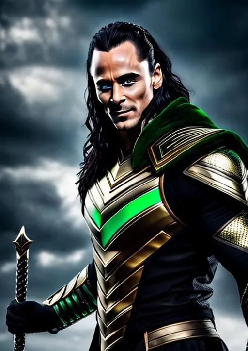 Prompt: High-resolution hyperrealistic photo of Ares merged with Loki, black and green and silver costume, uhd, hdr, 64k