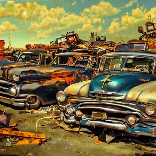 American Junkyard, surrealist oil painting, bright l... | OpenArt