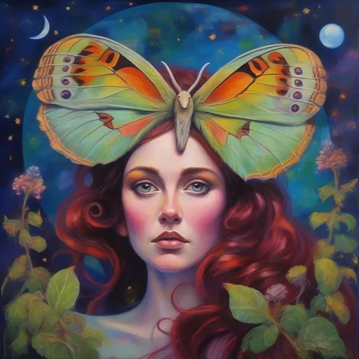 Prompt: A beautiful and colourful picture of Persephone with brunette hair and curled ram horns, and with light freckles, is surrounded by a single American Moon Moth, animals, moss and plants, framed by the moon and constellations, in an impressionistic colourful acrylic palette knife style.