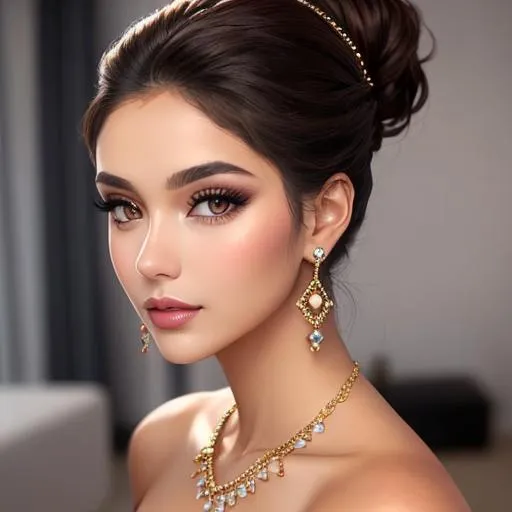 Prompt: a woman with  brown eyes,  turquiose a gold jewelry, pretty makeup