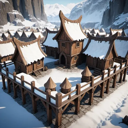 Prompt: small viking townquarter, viking guardhouse, viking forge, surrounded by palisades, birdview, wooden materials, snow covered, immersive world-building, high quality, detailed, epic scale, fantasy, game style, vibrant colors, dramatic fantasy settlement scene, cinematic lighting