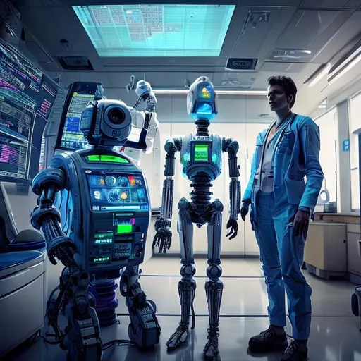 Prompt: A human doctor and a robot working in an emergency room on jupitor, HDR, ultra realistic, Unreal Engine, Cinematic, Color Grading, Shot on 50mm lens, Ultra - Wide Angle, Depth of Field, hyper - detailed, beautifully color - coded, insane details, intricate details, beautifully color graded, Unreal Engine, Cinematic, Color Grading, Photography, Shot on 70mm lens, Depth of Field, DOF, Tilt Blur, Shutter Speed 1/ 1000, F/ 22, White Balance, 32k, Super - Resolution, Megapixel, ProPhoto RGB, VR, Halfrear Lighting, Backlight, Natural Lighting, Incandescent, Optical Fiber, Cinematic Lighting, Volumetric, Contre - Jour, Beautiful Lighting, Accent Lighting, Global Illumination, Screen Space Global Illumination, Ray Tracing Global Illumination, Optics, Scattering, Glowing, Shadows, Rough, Shimmering, Ray Tracing Reflections, Lumen Reflections, Screen Space Reflections, Diffraction Grading, Chromatic Aberration, GB Displacement, Scan Lines, Ray Traced, Ray Tracing Ambient Occlusion, Anti - Aliasing, FKAA, TXAA, RTX, SSAO, Shaders, OpenGL - Shaders, GLSL - Shaders, Post Processing, Post - Production, Cel Shading, Tone Mapping, CGI, VFX, SFX, insanely detailed and intricate, hypermaximalist, hyper realistic, super detailed, photography, 8k, --ar 1920:1080** - 