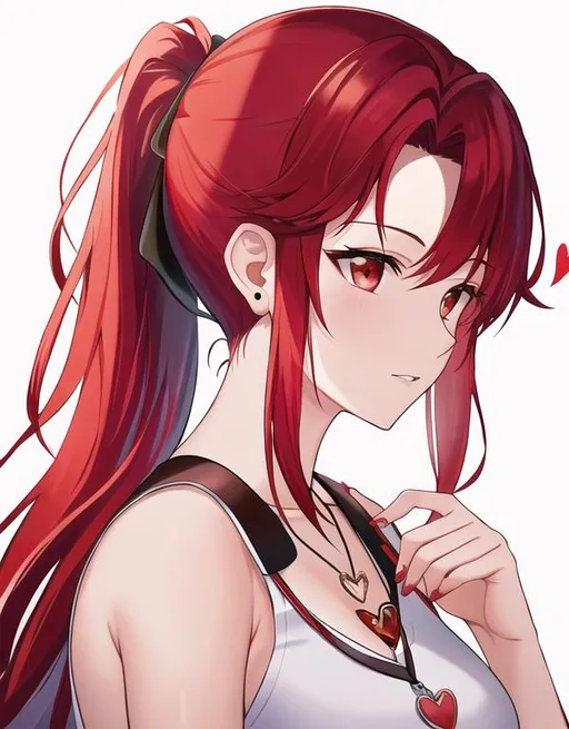 Prompt: Haley with bright red hair pulled back, side profile, wearing a heart locket