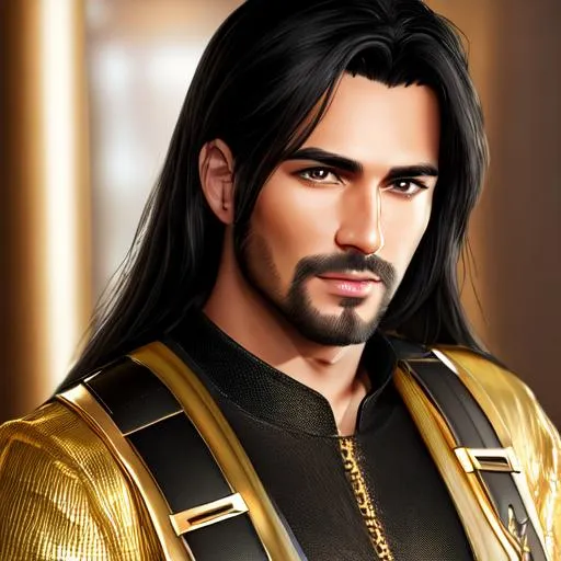 Prompt: ((Hyper-realistic shot)), ((extremely detailed:1.5)), ((8K resolution)), ((bar keeper)) Perfect face and body. ((black hair man in black and gold tunic: 1.3)) adorned with buckled belts, late 30s, full body
