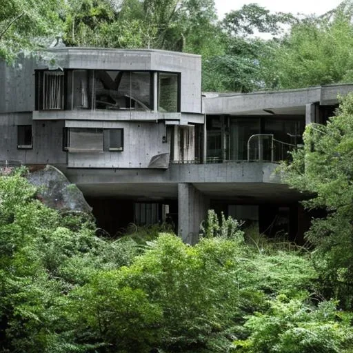 Prompt: brutalist architecture home surrounded by nature. with lots of windows