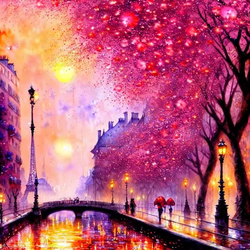 Prompt:  Paris river front, surrounded by  vegetation, city  street , sunrise, petals rain, watercolor  art by Daniel Merriam, Josephine Wall, Jeremy Lipkin,  Alayna Danner,  cinematic smooth, super clear resolution,  intricate, highly detailed, crispy quality, dynamic lighting, hyperdetailed and realistic, fantastic view