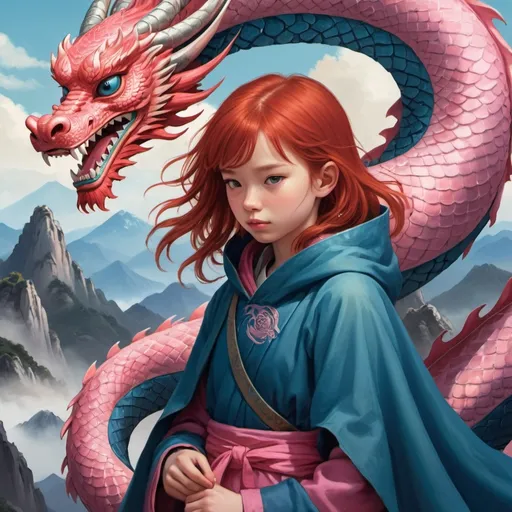 Prompt: The cover of a novel, a young girl with medium length red hair, wearing a cloak, faces down a large blue and pink chinese dragon with mountains in the background